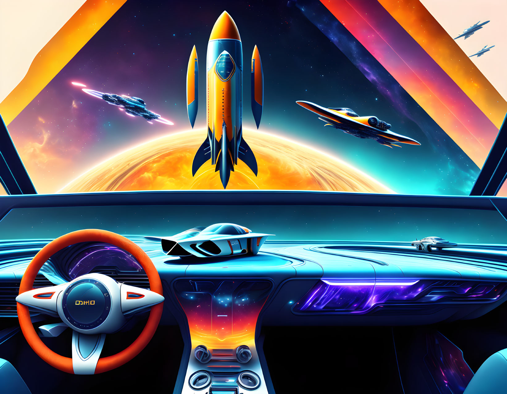 Futuristic sci-fi artwork: Car dashboard with space view