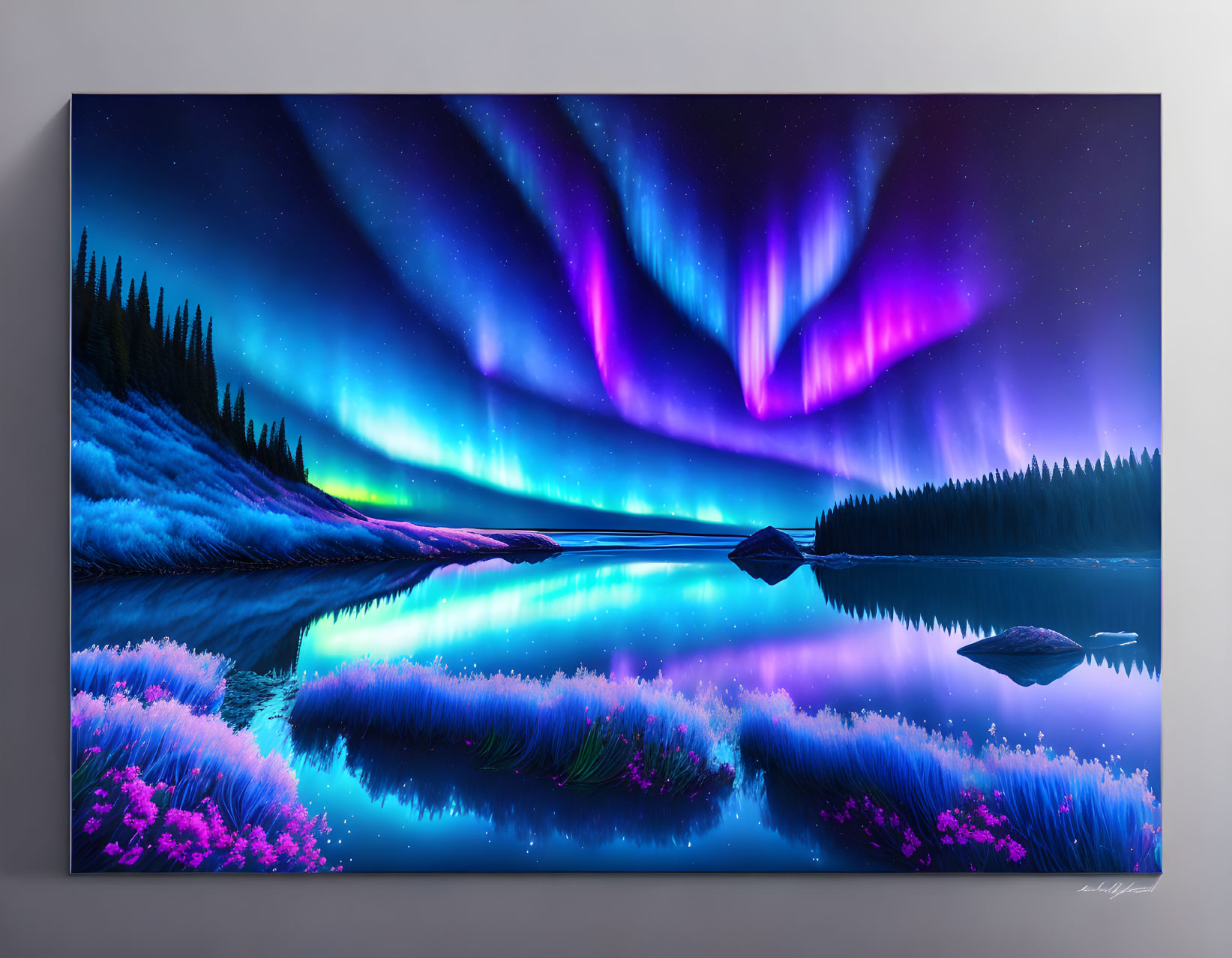 Northern Lights Painting: Vibrant Purples and Blues Over Calm Lake