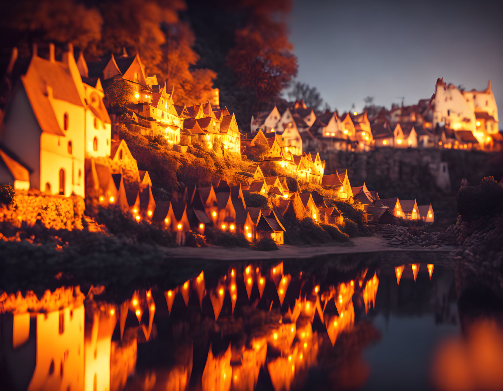 Tranquil twilight village scene with glowing lights by calm river