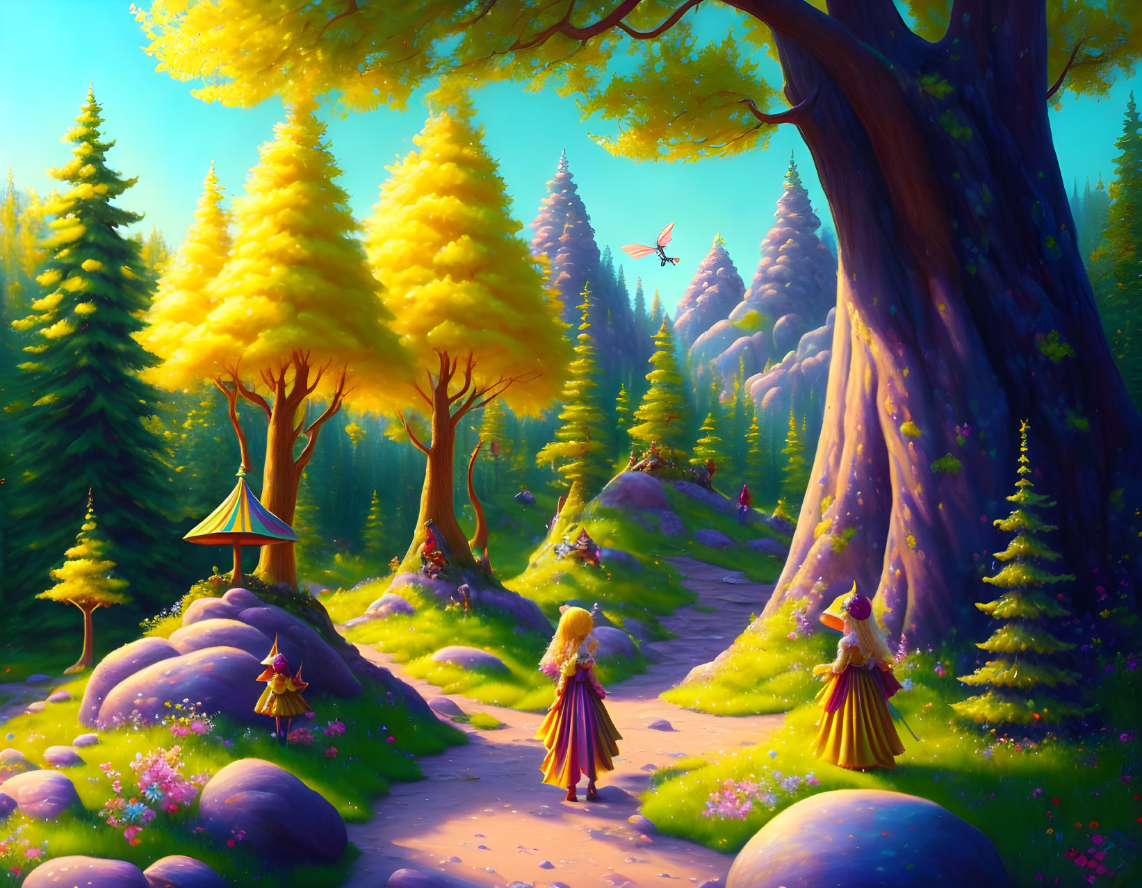 Colorful forest scene with characters in yellow gowns, lush trees, hut, and dragonfly