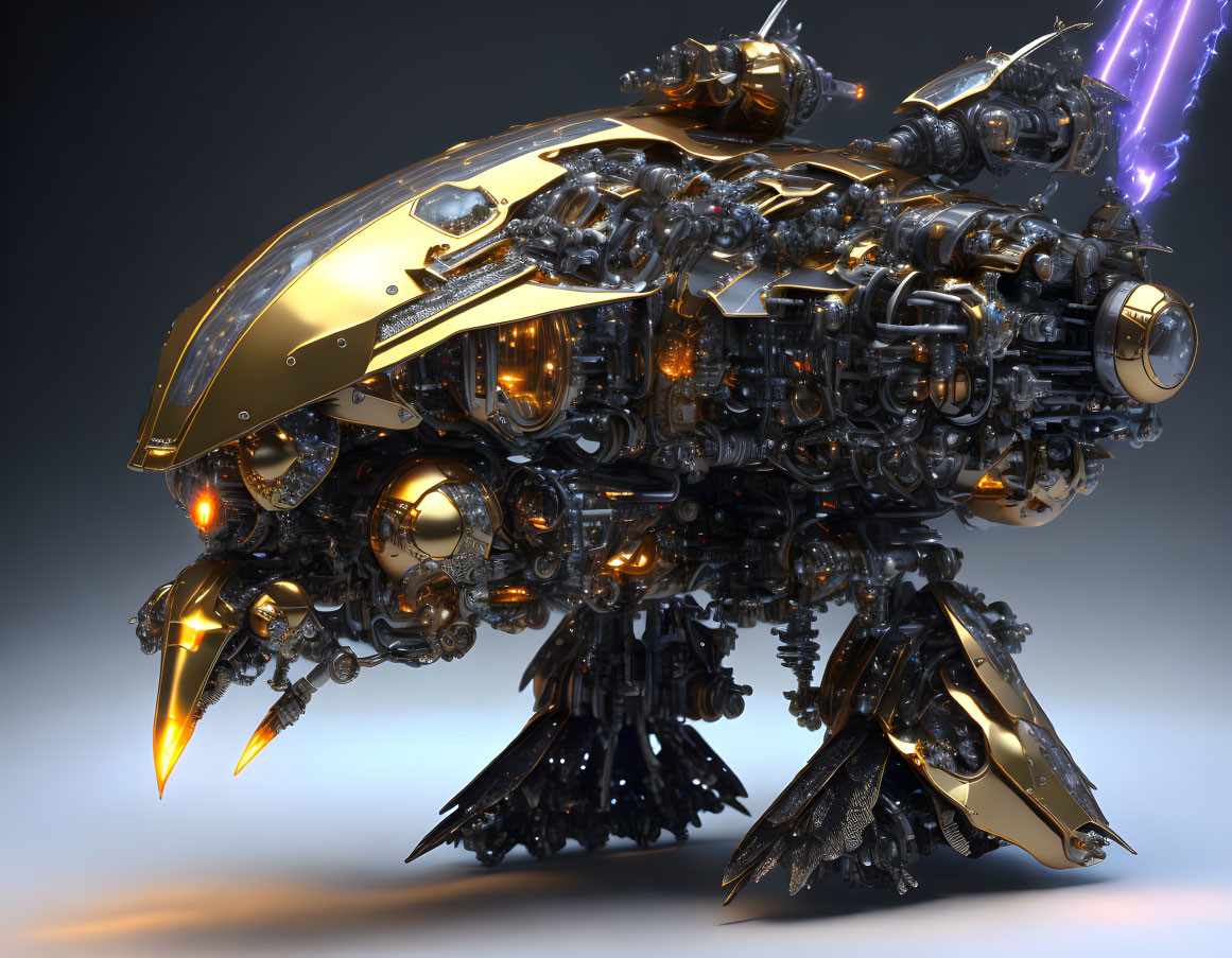 Detailed Mechanized Creature with Gold & Dark Metal Plating & Futuristic Machinery