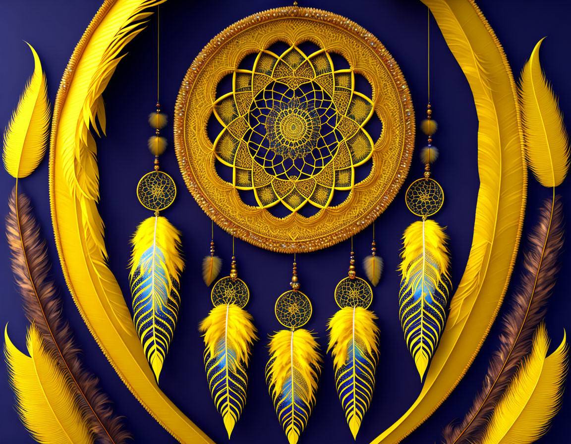 Golden Dreamcatcher with Yellow and Orange Feathers on Deep Blue Background