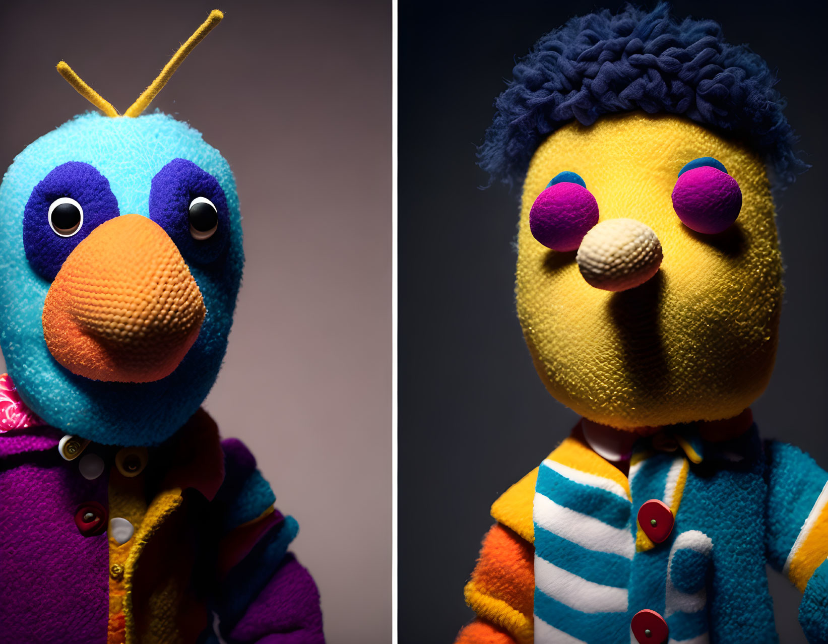 Colorful Textured Plush Bird Toys in High-Contrast Portrait