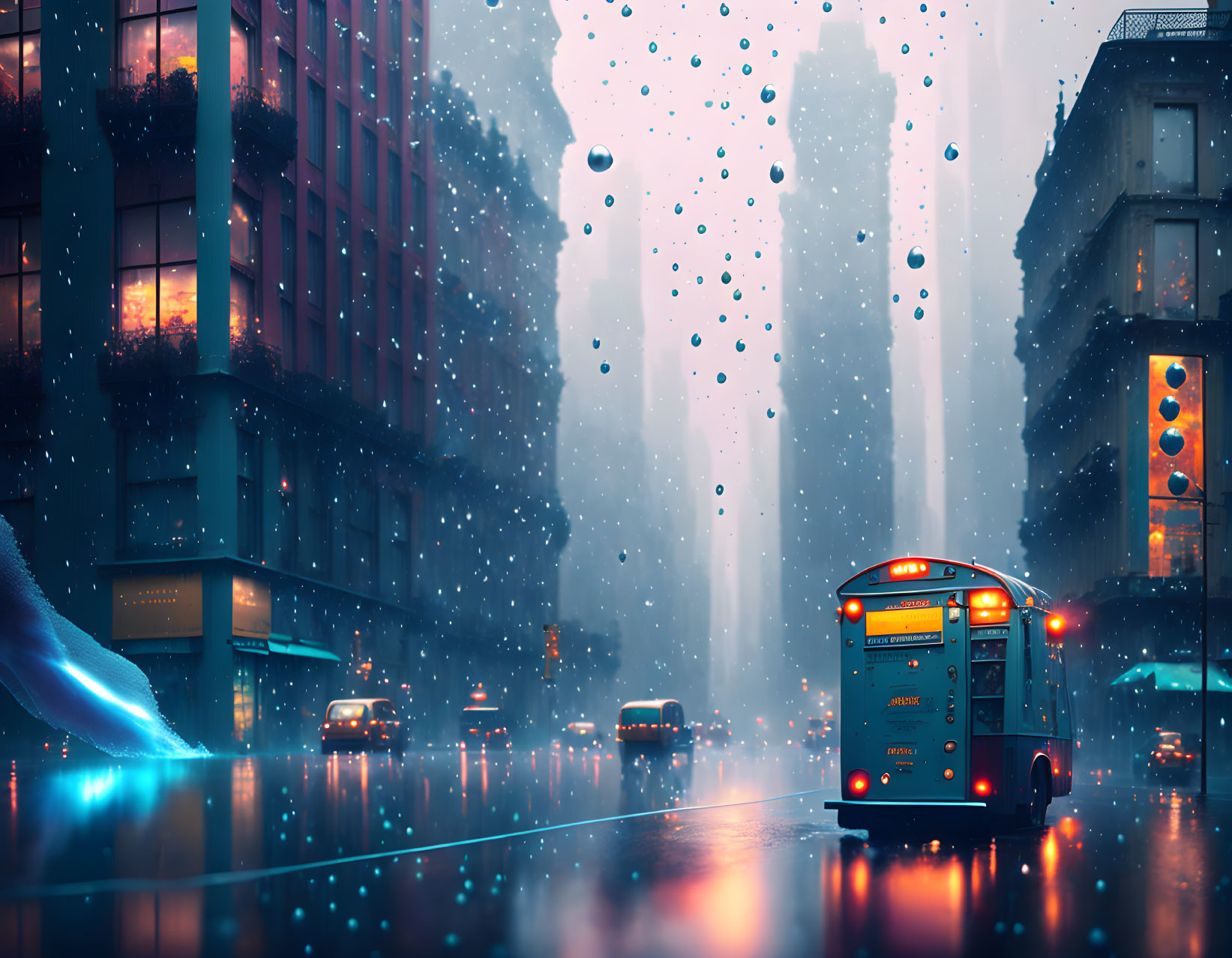 Cityscape at Dusk with Orange Bus, Cars, Illuminated Buildings, and Rain