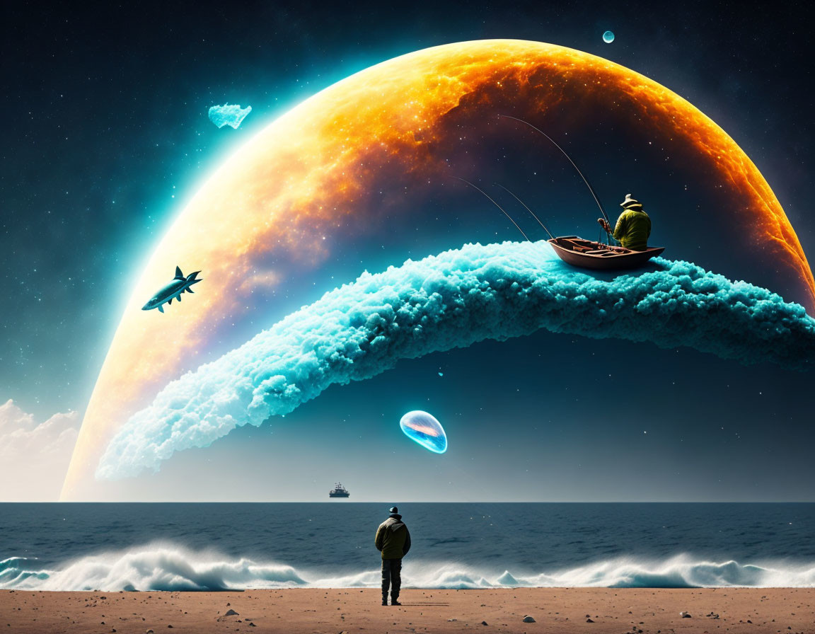 Surreal beach scene with fisherman on wave, floating ships, and giant planet.