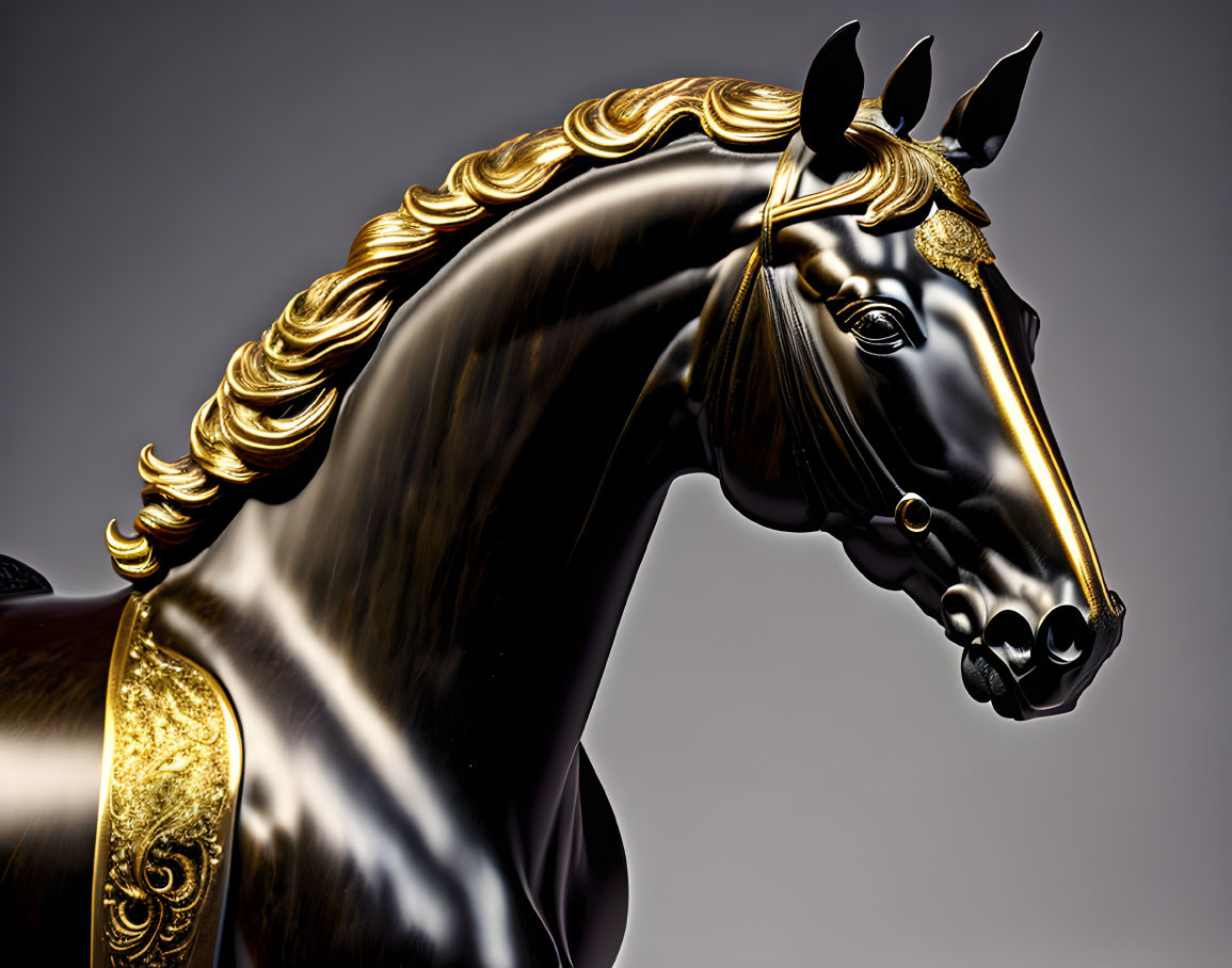 Black Horse Statue with Golden Embellishments on Gradient Background