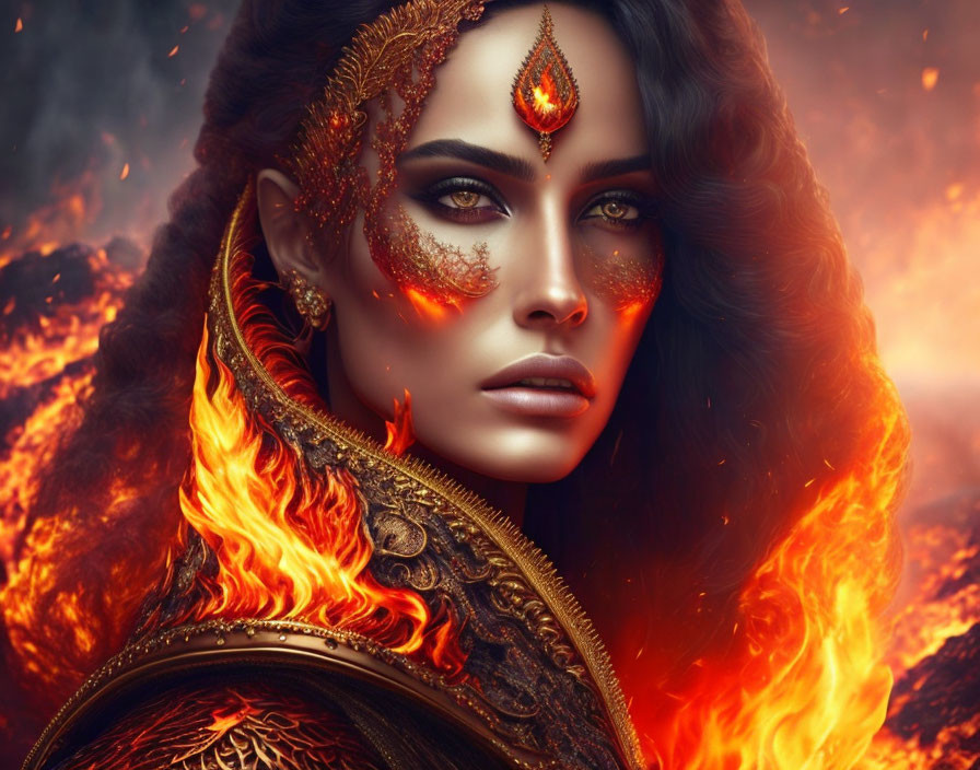 Digital art portrait of woman with fiery eyes and ornate gold jewelry in front of vivid flames.