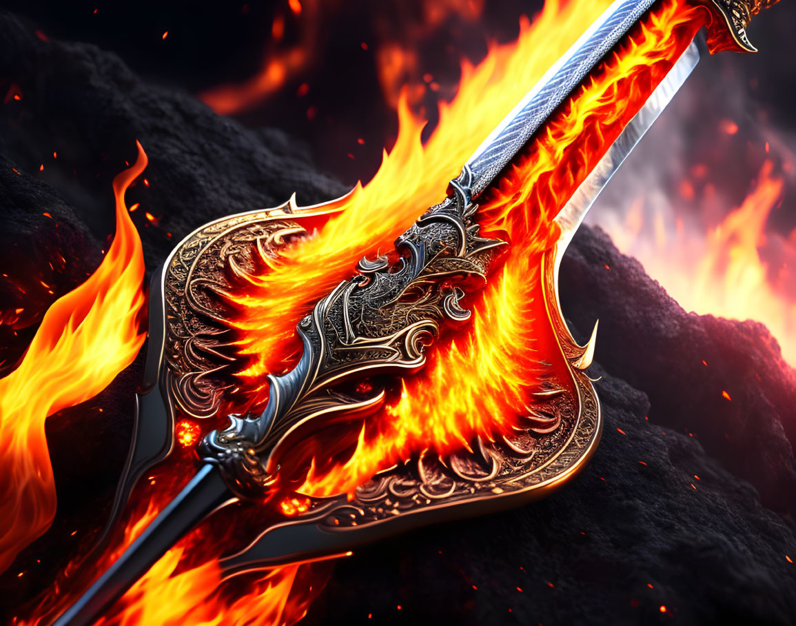 Detailed Fantasy Sword Surrounded by Flames on Rocky Terrain