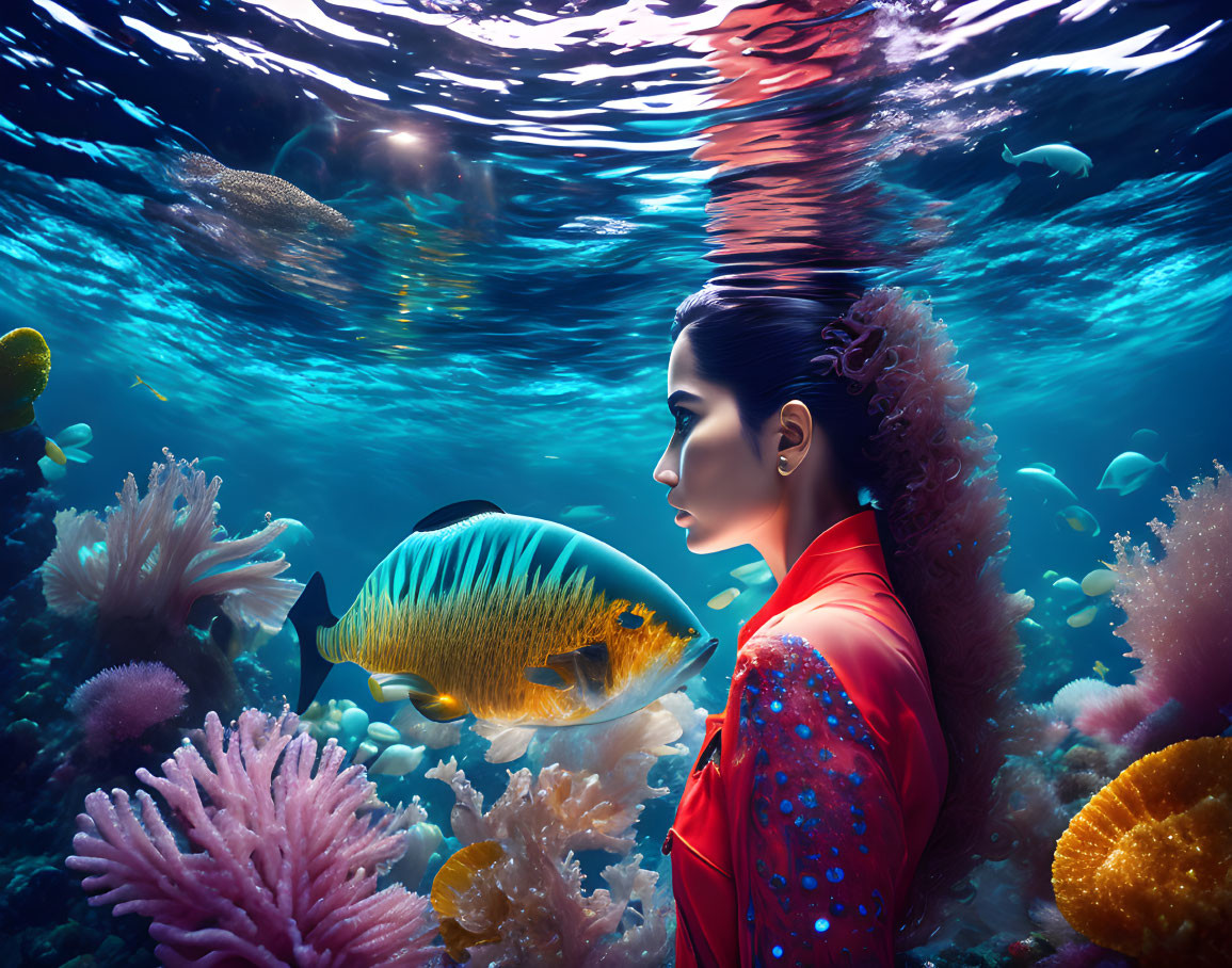 Woman in Red Dress Submerged with Coral and Fish