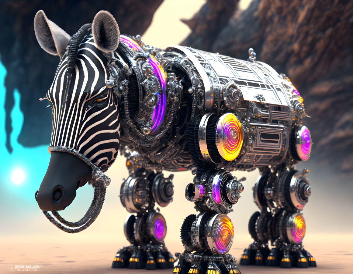 Futuristic robotic zebra with purple accents on rocky terrain