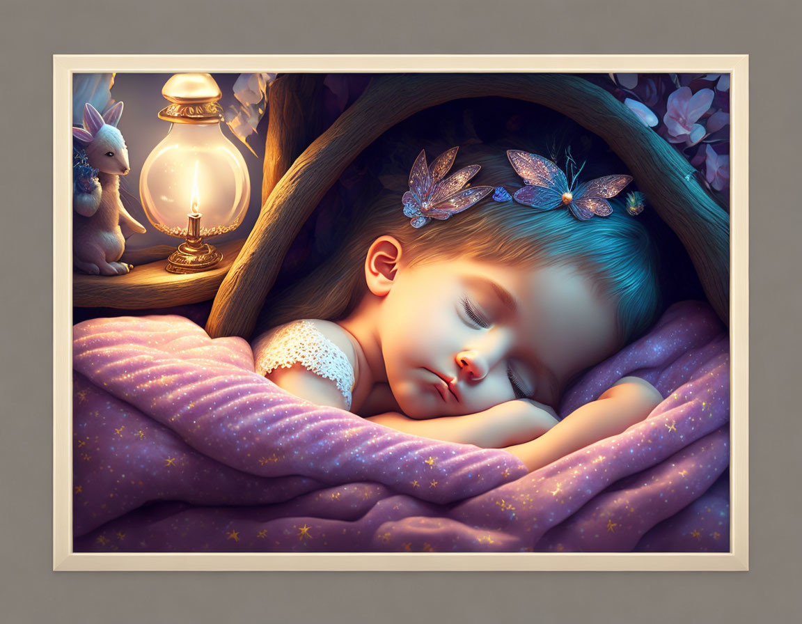 Child Sleeping in Wooden Hollow with Lantern and Dragon-Like Creature