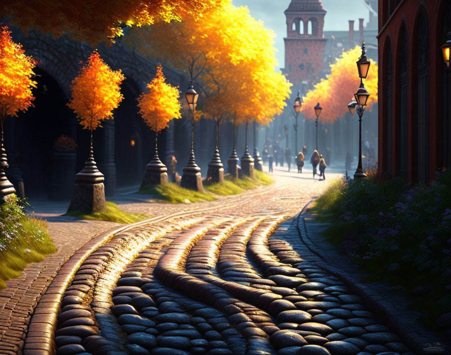 Cobbled street with glowing lamps and autumn trees - serene scene