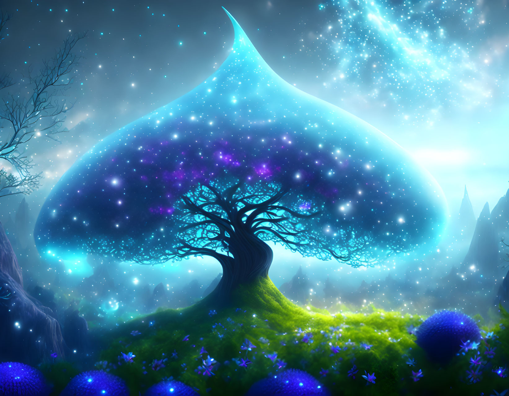 Magical tree with star-filled canopy on mystical hillock