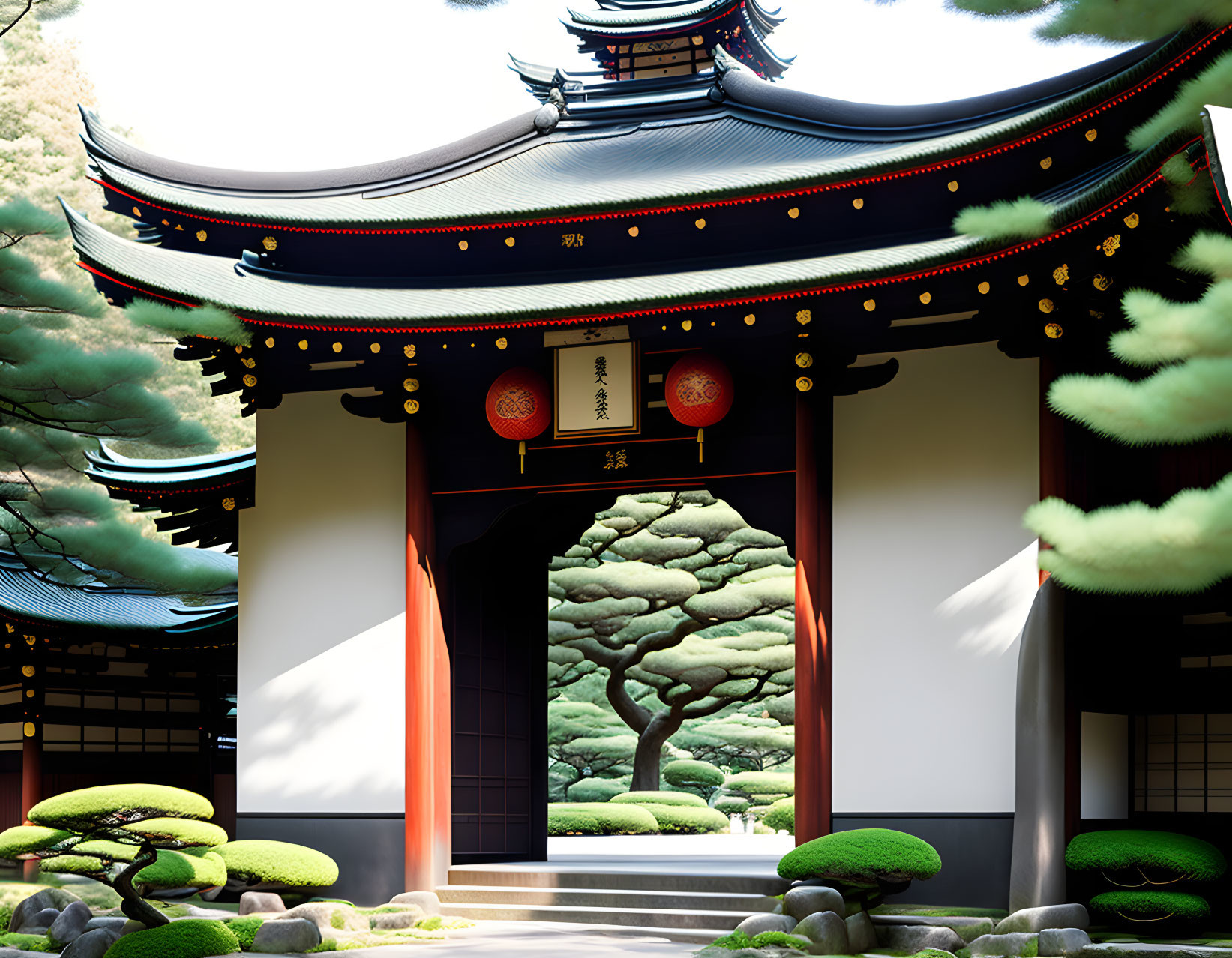 Japanese Gate with Detailed Roof, Green Trees, Stones, Clear Sky