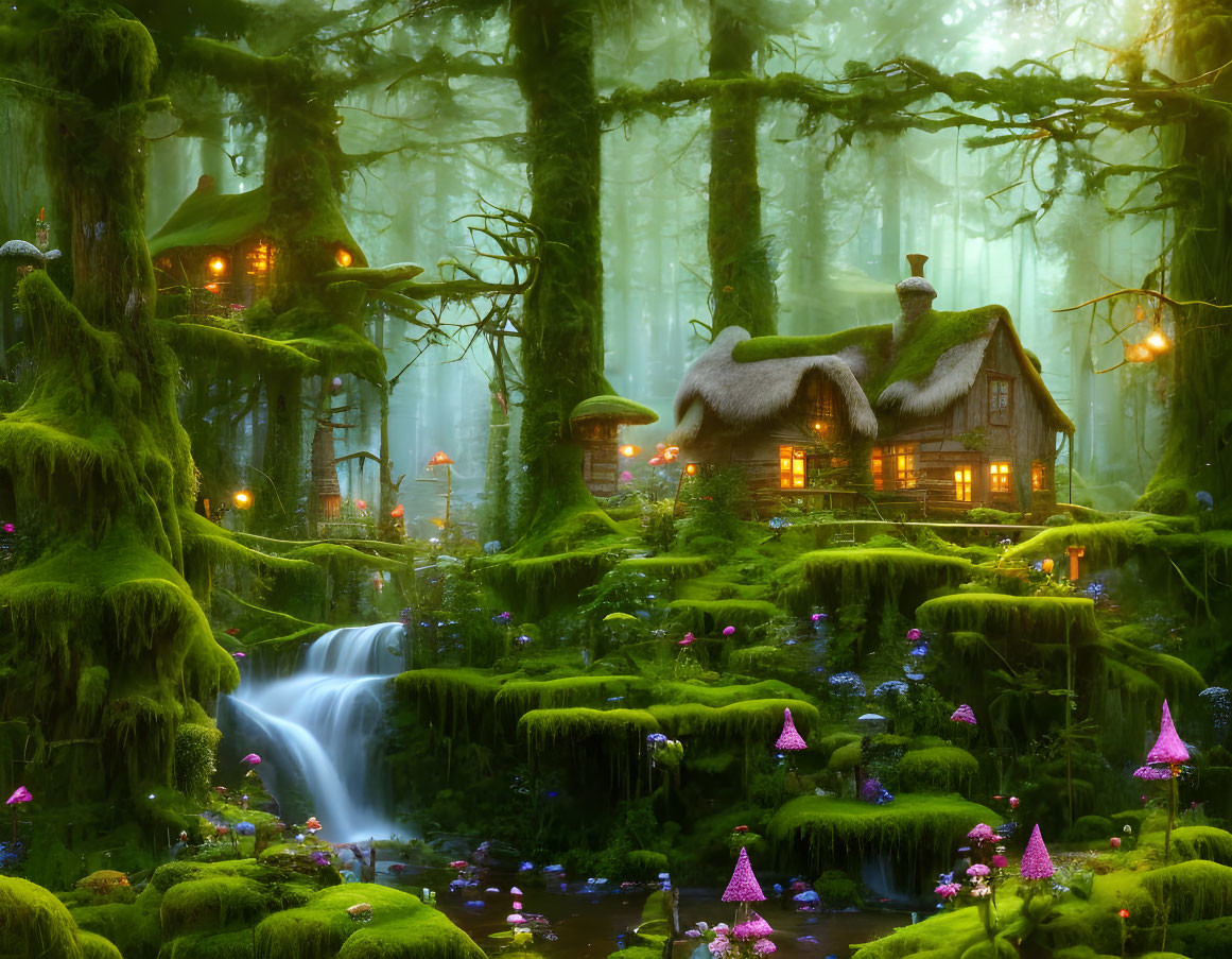 Moss-Covered Cottage in Enchanted Forest with Waterfall