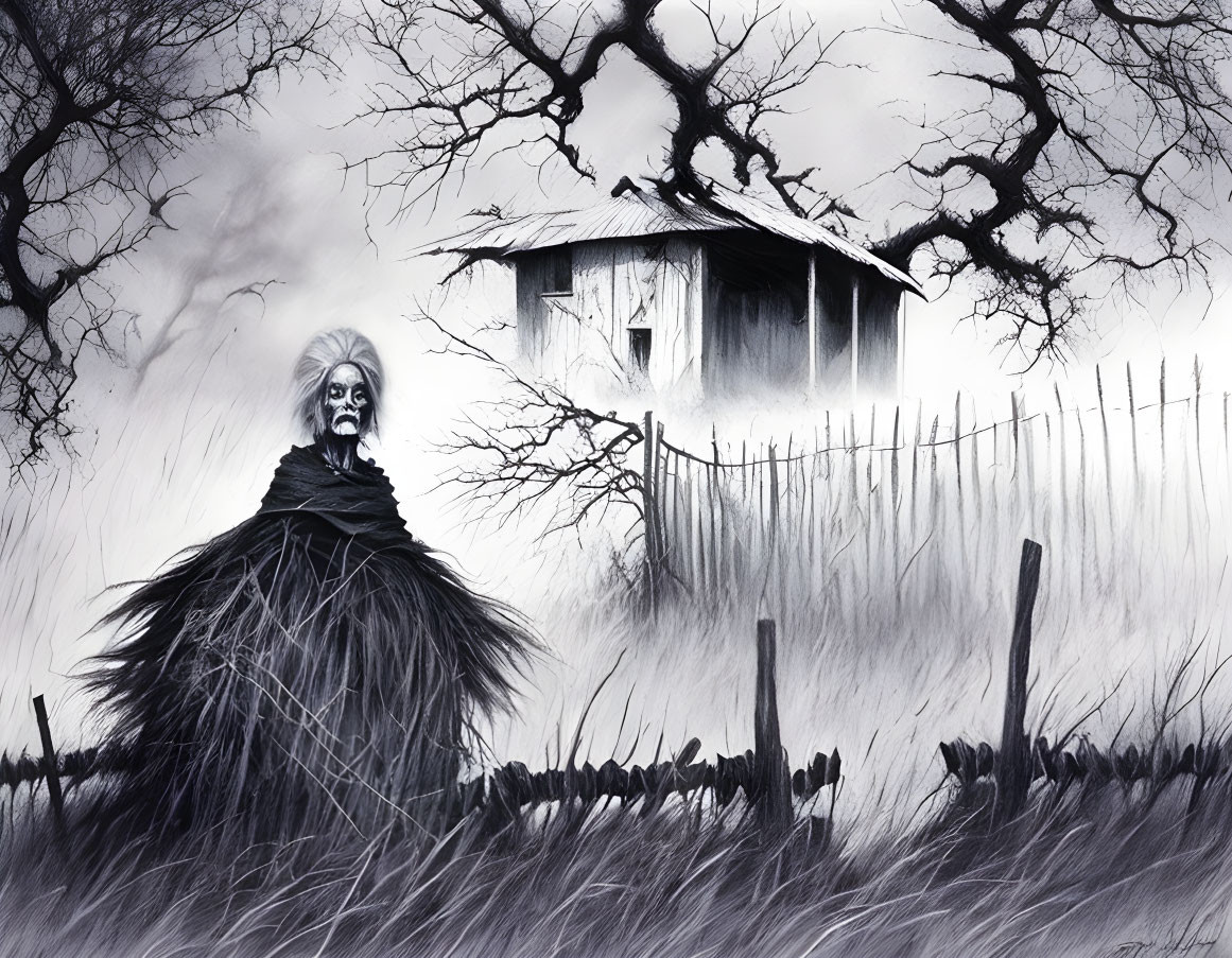 Monochrome spooky figure with white eyes and dilapidated hut in desolate landscape