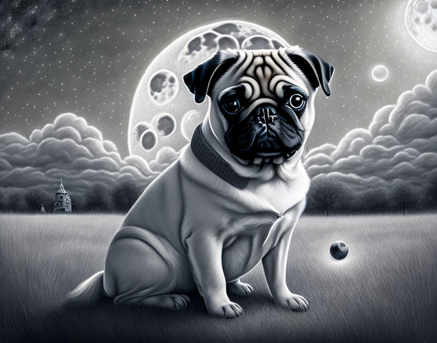 Pug in surreal moonlit landscape with floating orbs