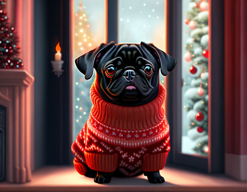 Black Pug in Red Christmas Sweater by Window with Snow and Holiday Lights