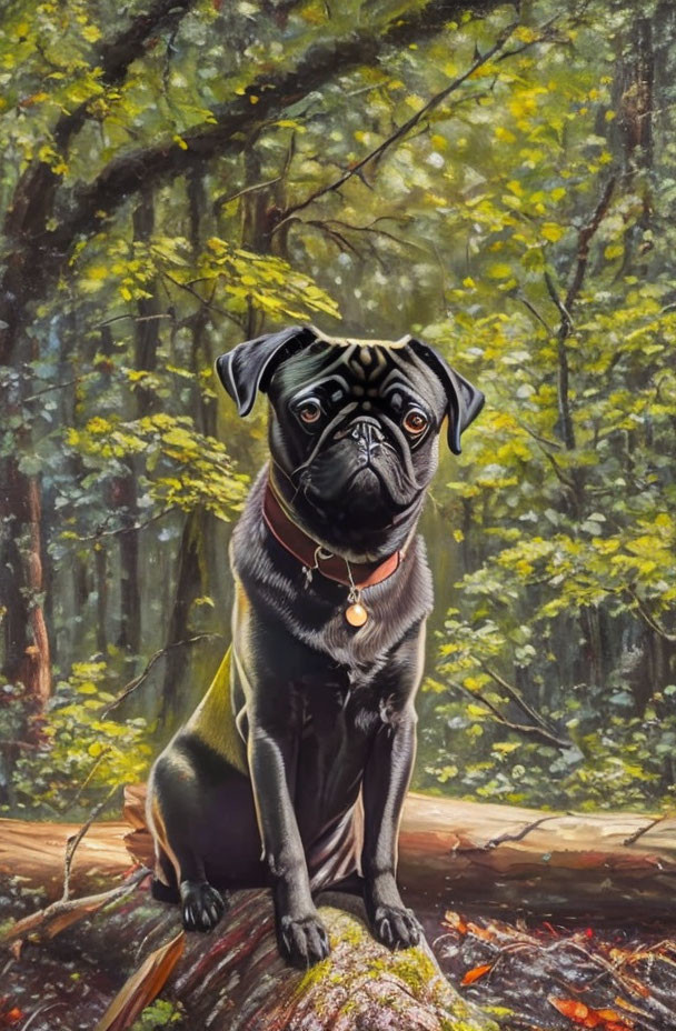 Pug dog with collar sitting on fallen log in lush forest