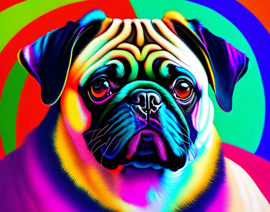 Colorful Neon Pug Art Against Rainbow Background