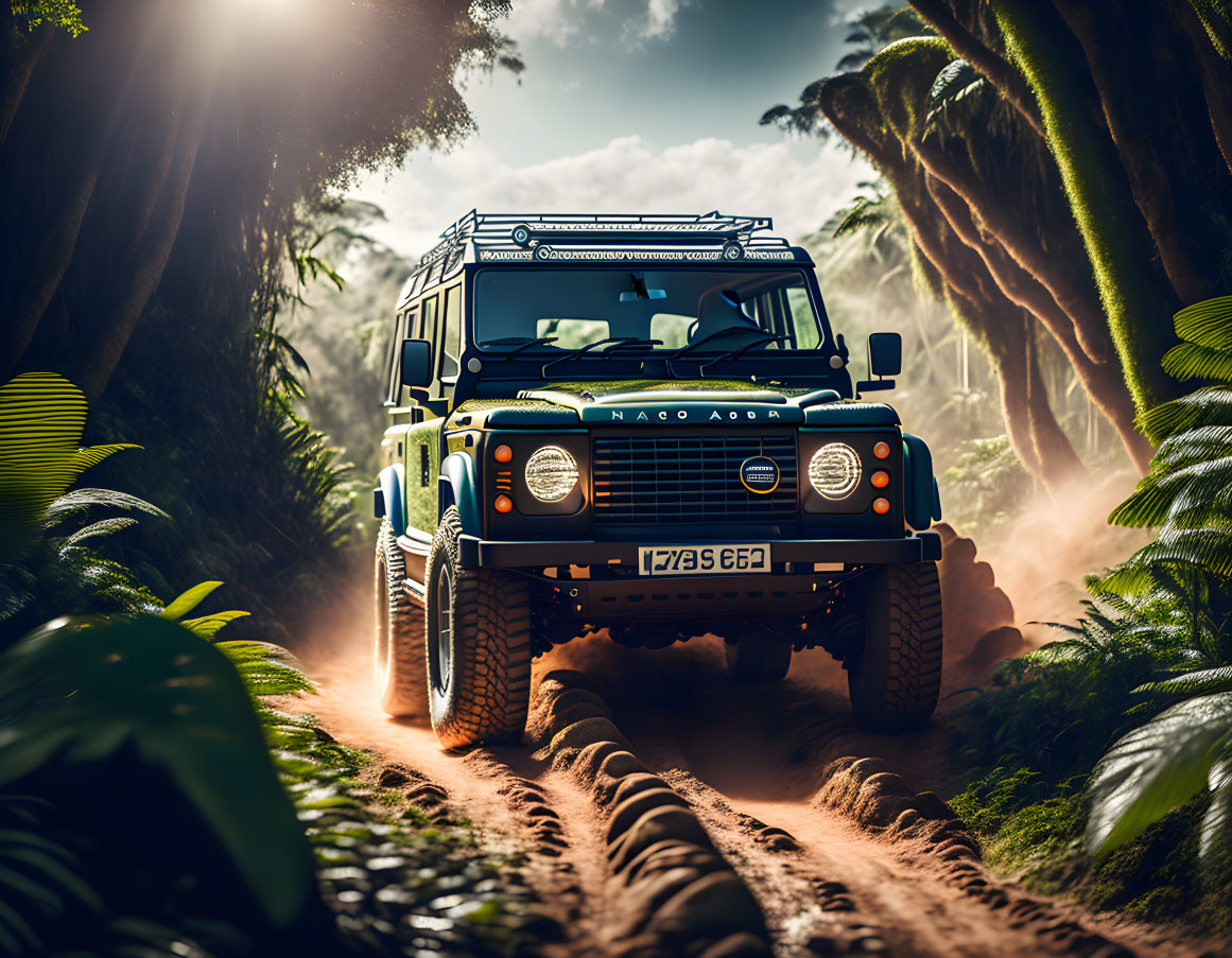 Rugged Land Rover Defender in Misty Jungle