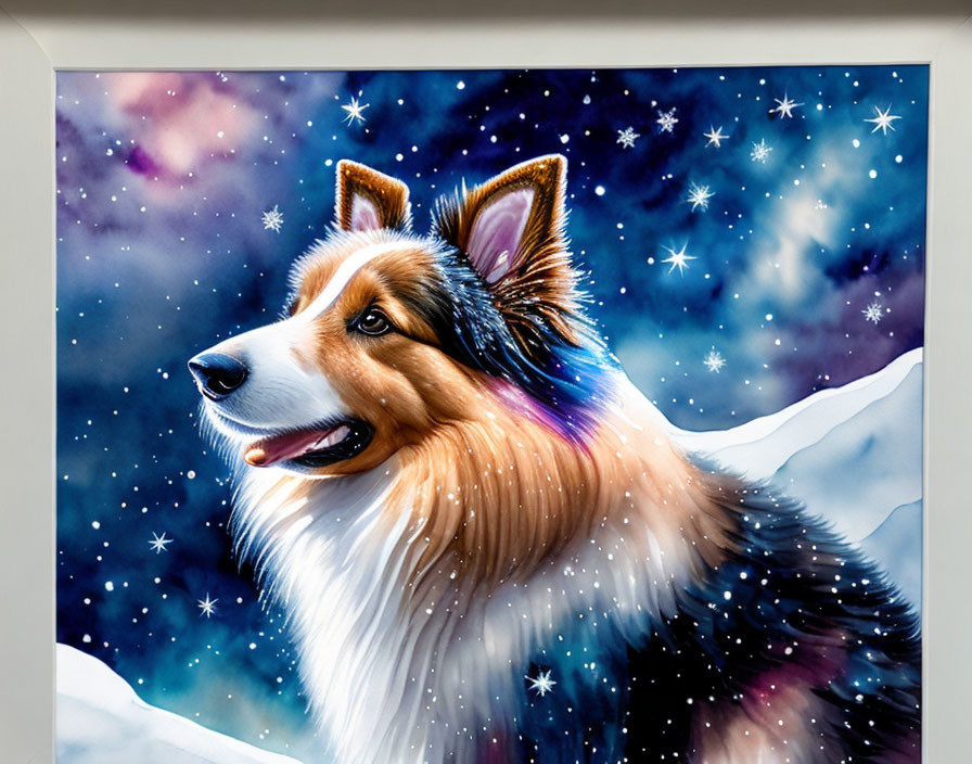 Colorful Sheltie Dog Artwork on Starry Night Sky Background