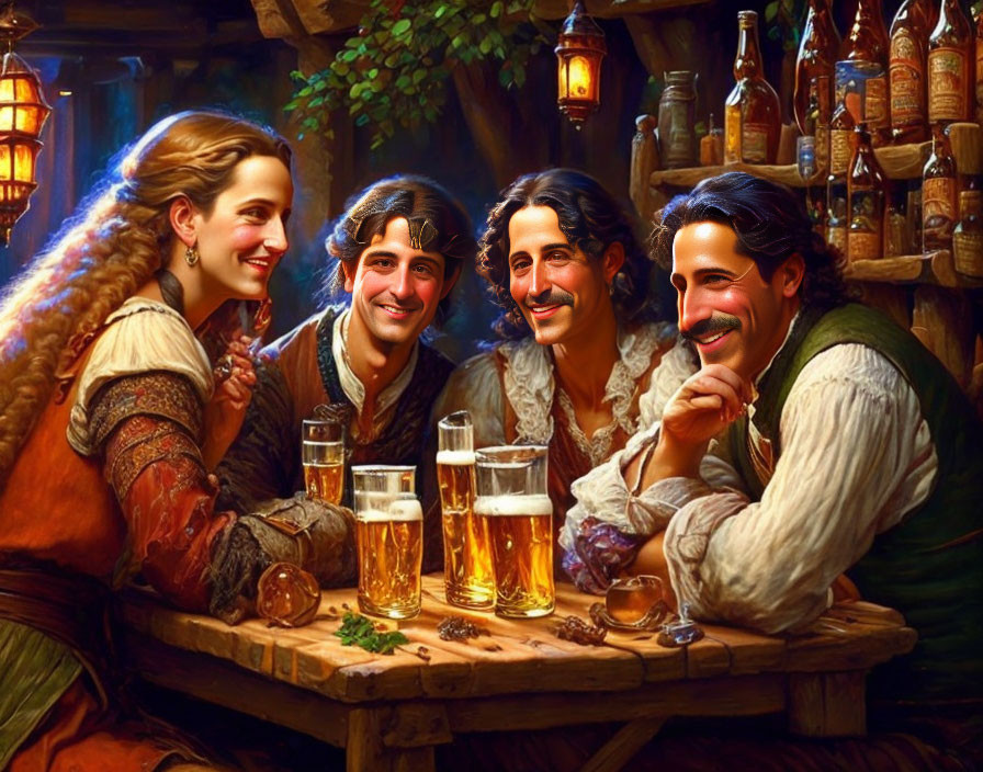 Digitally altered faces of four individuals smiling in a cozy tavern setting.