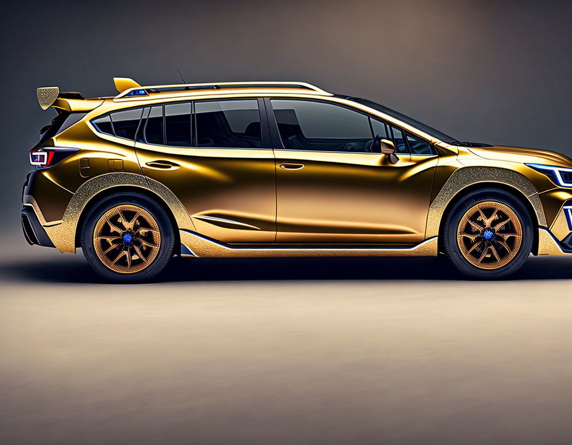 Modern golden car with sporty design and aerodynamic features