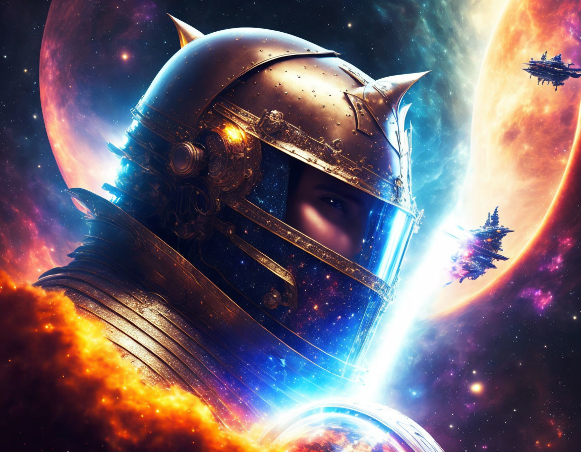 Medieval knight's helmet on cosmic background with stars