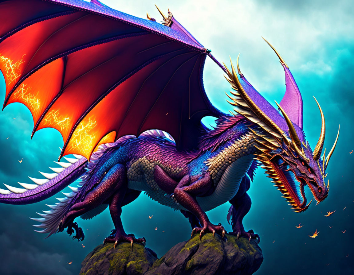 Majestic dragon with red-orange wings on rock under stormy sky