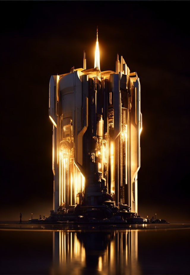 Futuristic skyscraper glowing gold on dark background