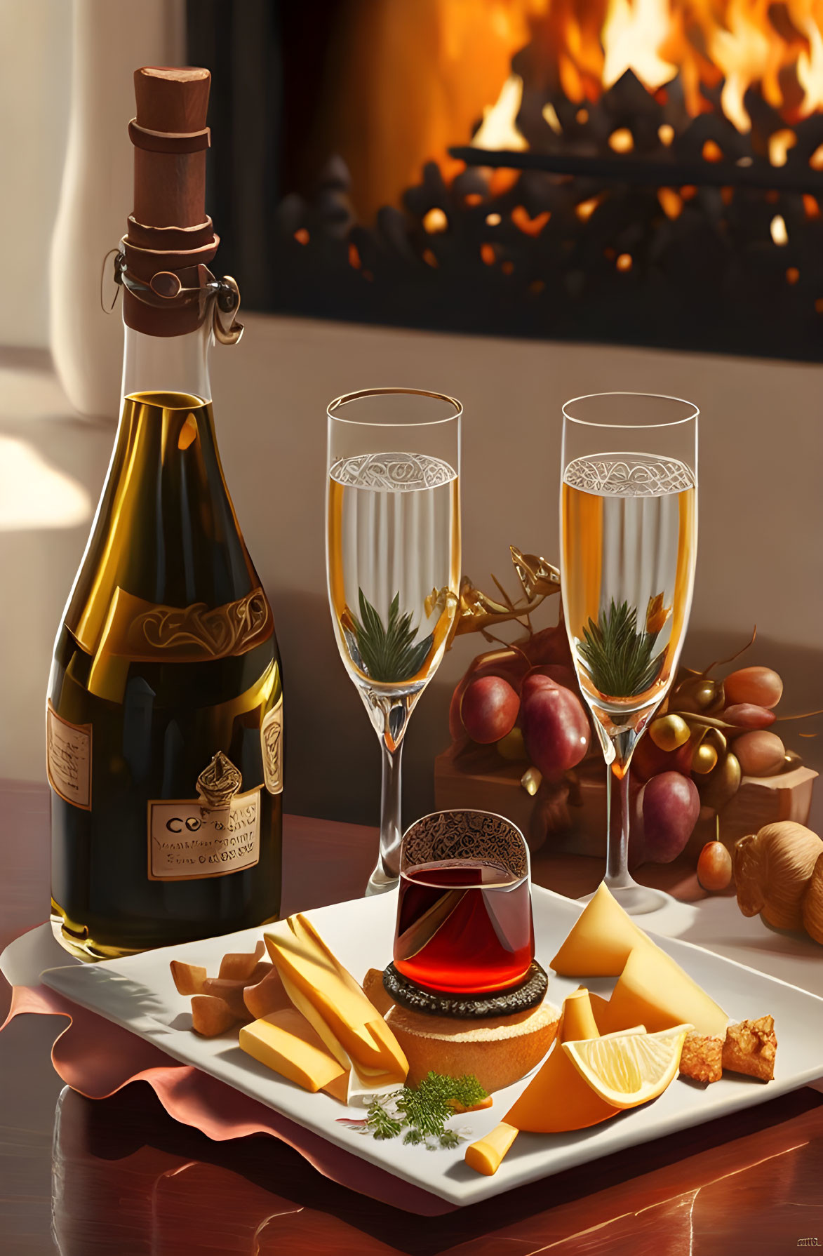 Luxurious Champagne and Snacks by Cozy Fireplace