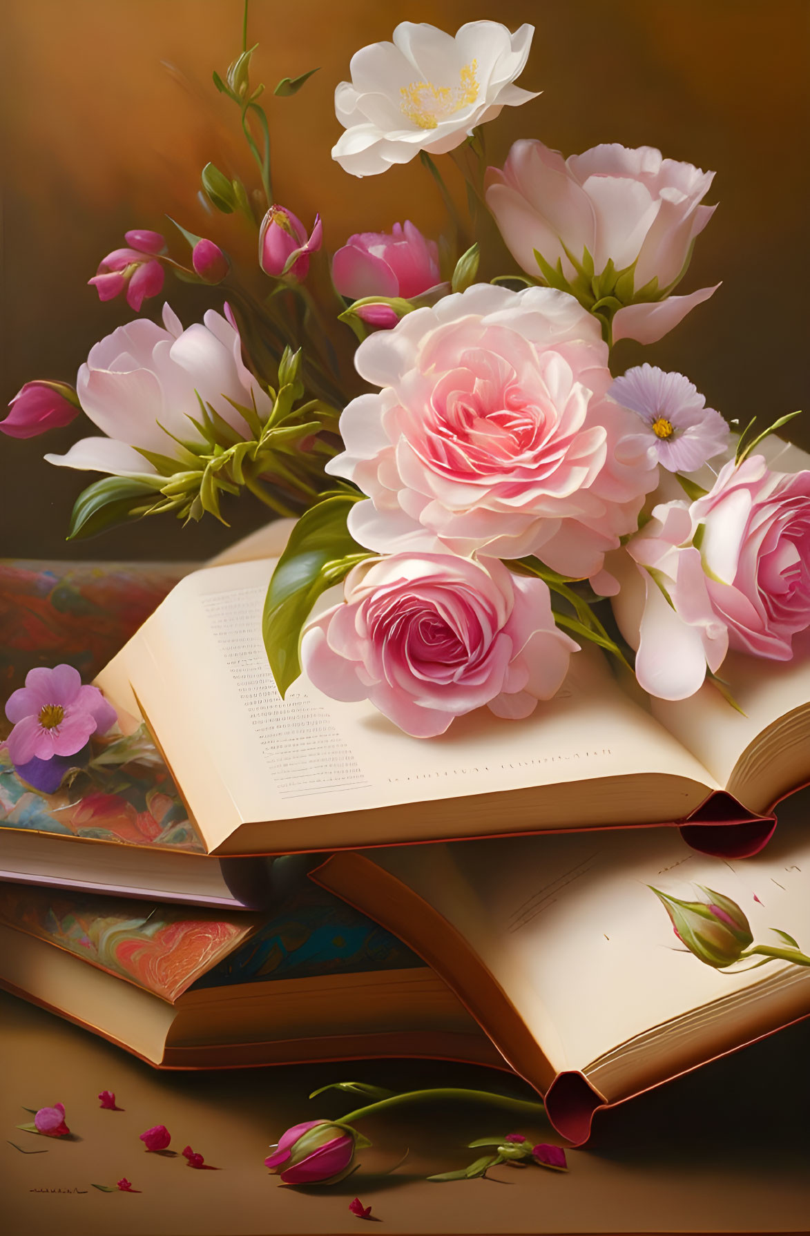 Vibrant pink flowers on open book with stack of books - Still-life painting