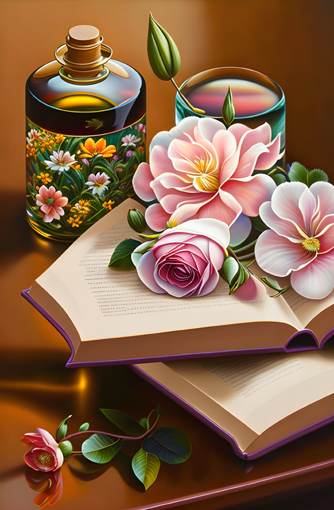 Vibrant still life illustration with ink bottle, quill, flowers, book, and wooden background