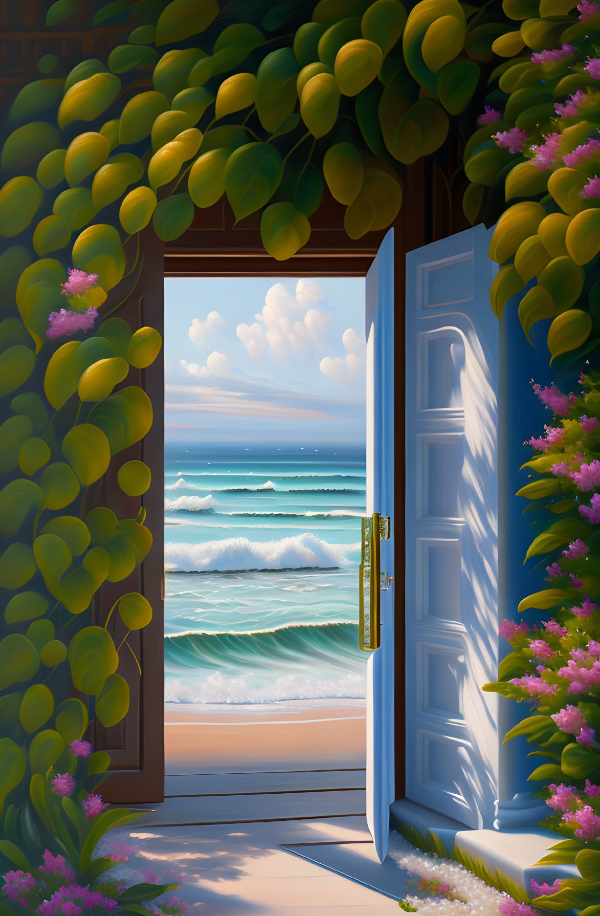 Colorful illustration of open door to beach with waves, green foliage, flowers