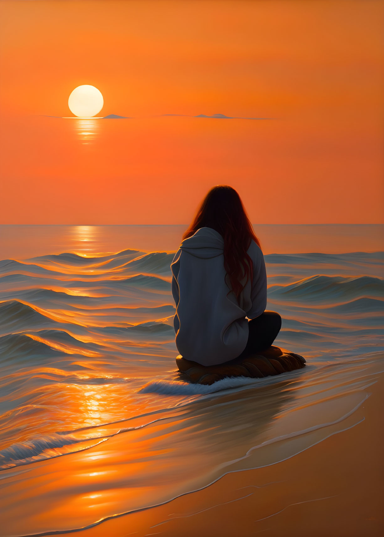 Person in white hoodie sitting on beach at sunset by wavy sea