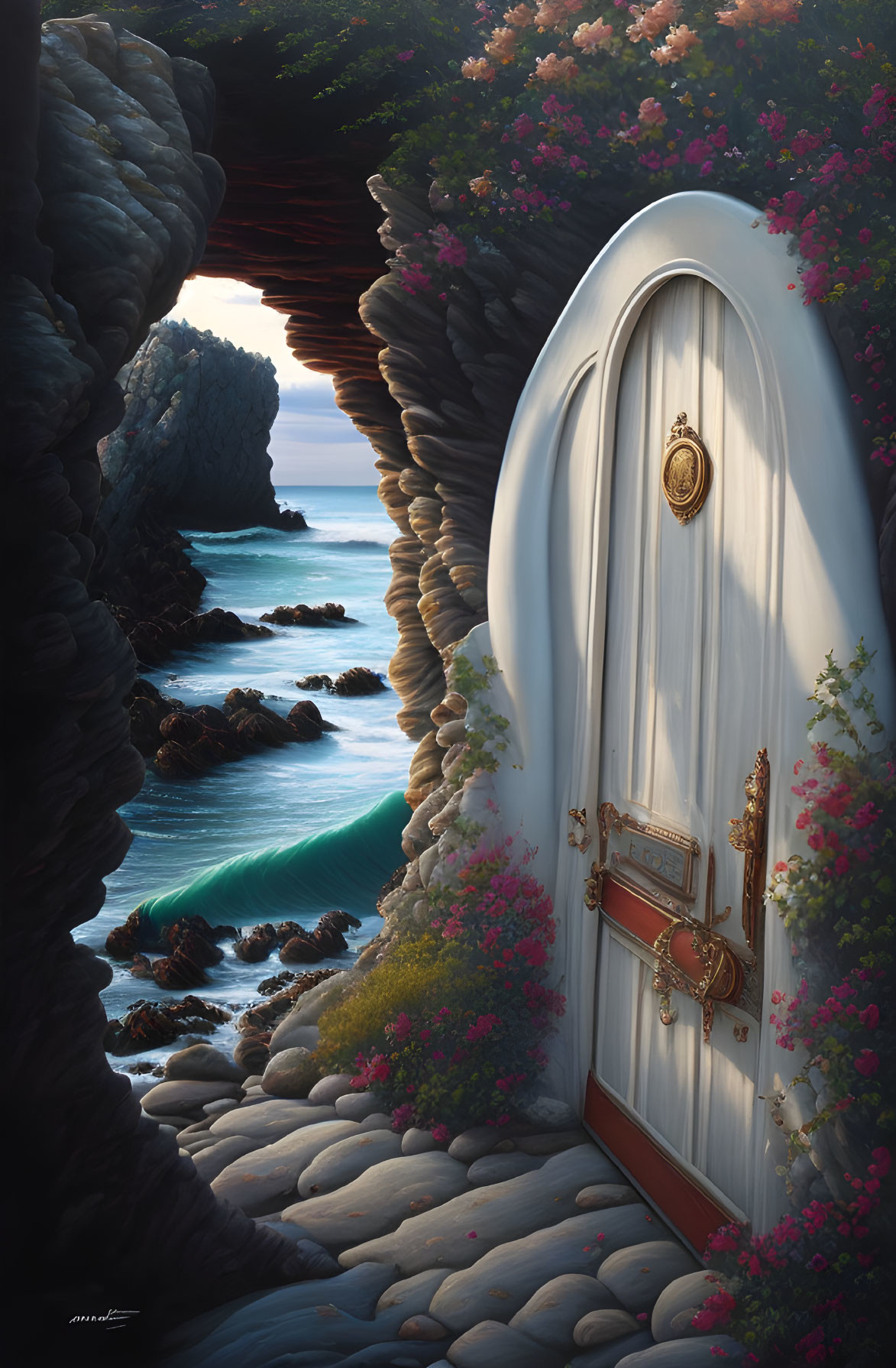 Ornate door in rocky seaside cliff with vibrant flowers and tranquil blue waters