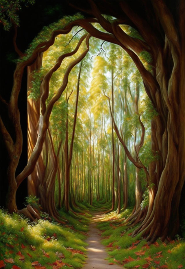 Tranquil Forest Pathway with Twisted Trees and Golden Clearing