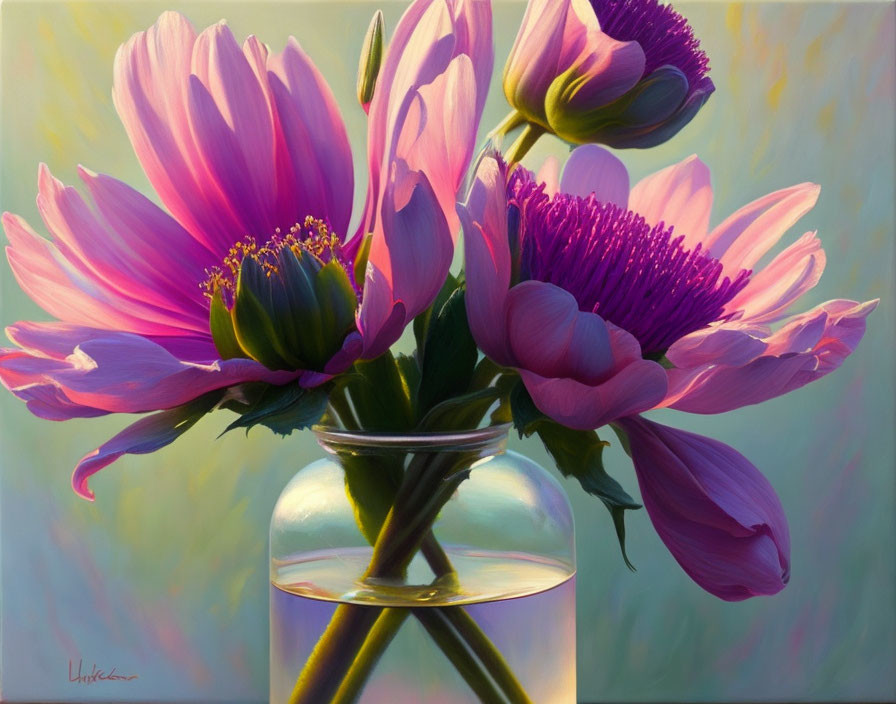 Colorful floral painting with pink and purple flowers in glass vase