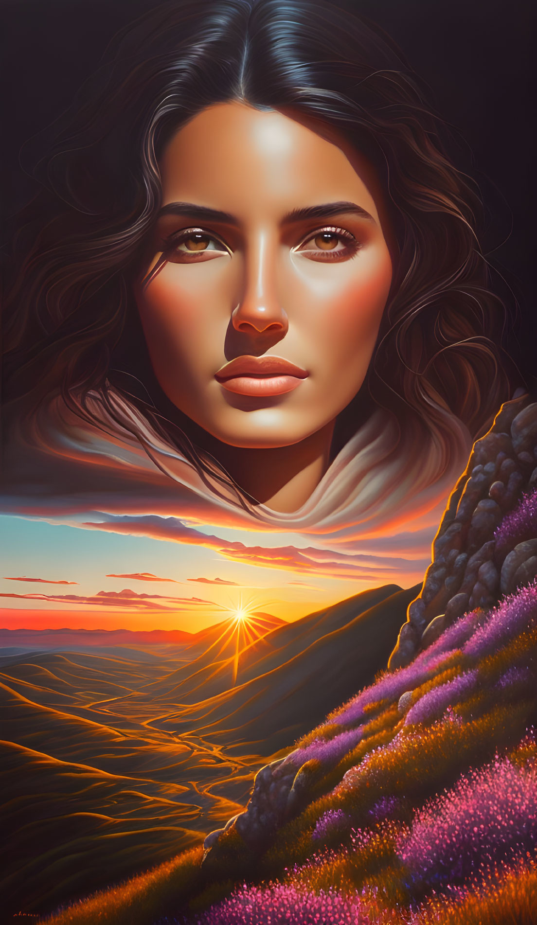 Surreal portrait of woman blending into vibrant sunset landscape