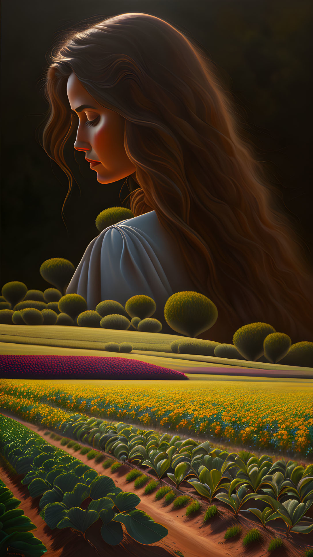 Stylised illustration of woman overlooking vibrant farmland