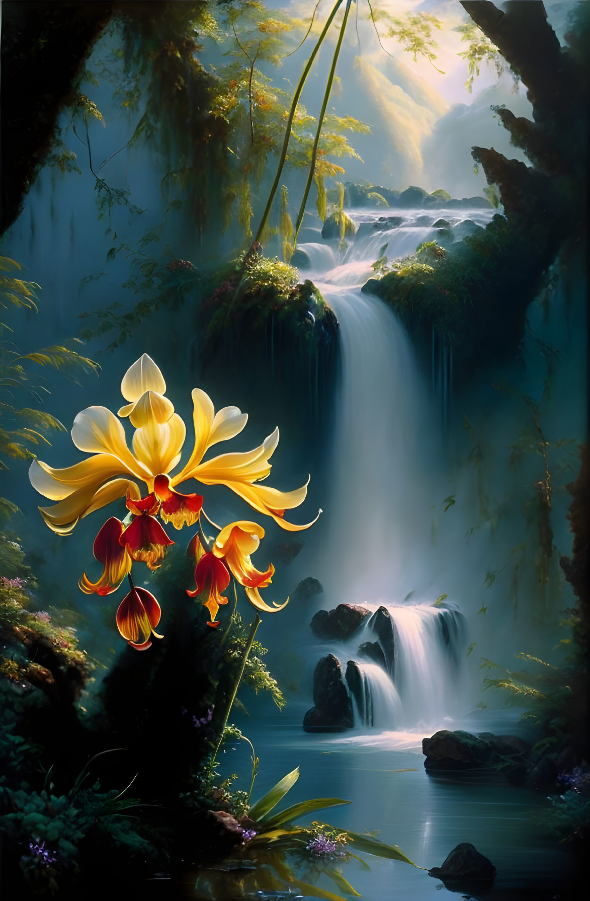 Vibrant yellow and red orchid with lush waterfall in serene setting