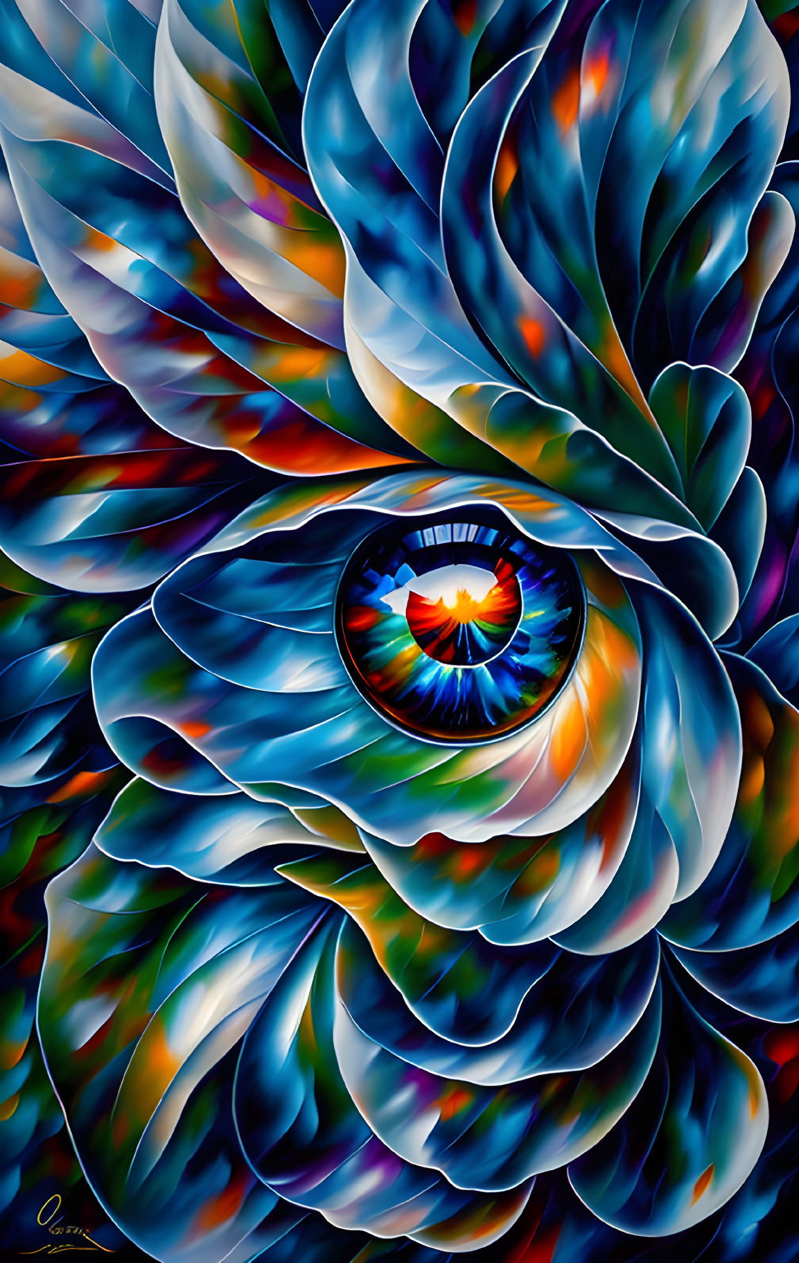 Colorful digital artwork: Eye surrounded by swirling blue, orange, and green patterns