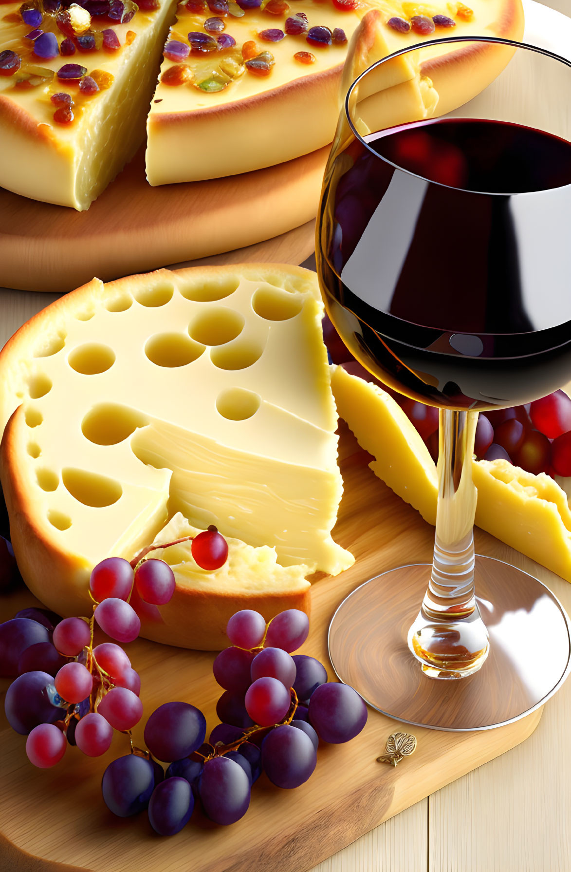 Assorted Cheese Wheels, Slices, Grapes, and Red Wine on Wooden Board