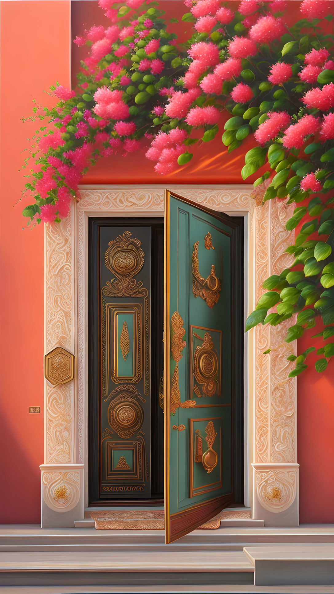 Teal and Gold Ornate Door Slightly Ajar in Sunlit Wall with Pink Vines