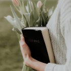 Dark-covered open book surrounded by blooming flowers and petals in serene setting