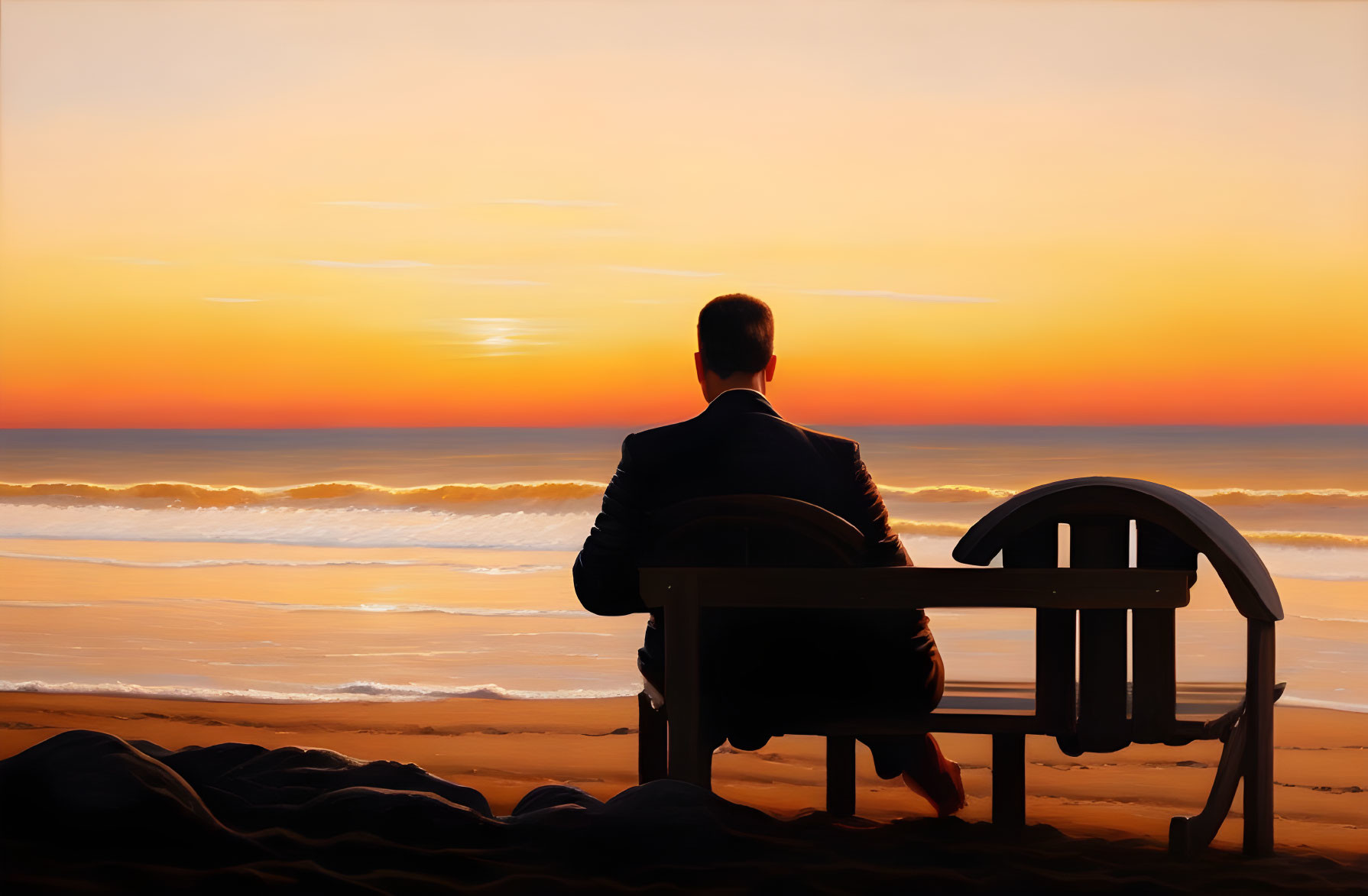 Businessperson admires sunset over ocean from bench