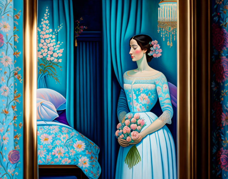 Stylized painting of woman in blue dress with bouquet in surreal blue room