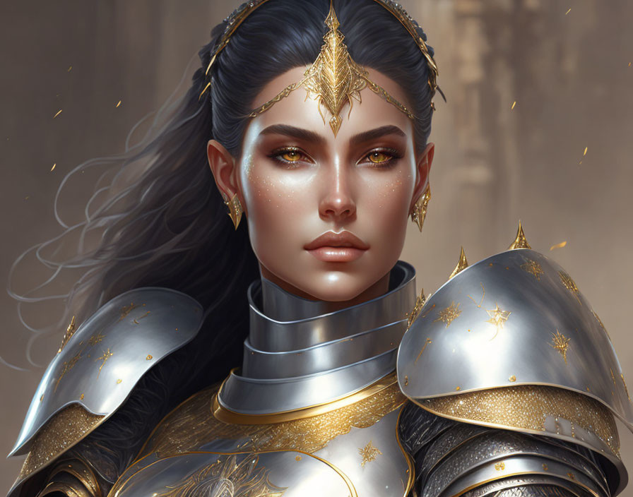 Digital portrait: Fierce woman in golden armor with dark hair and striking features