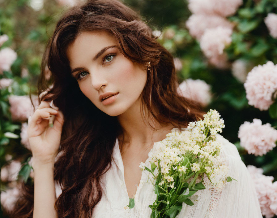 Woman with wavy brown hair holding white flowers in front of pink blossoms